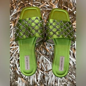 SOLD NEW ANTONIO MELANI Melanidacie Satin
Jeweled Flat Square Toe Slides Sandals